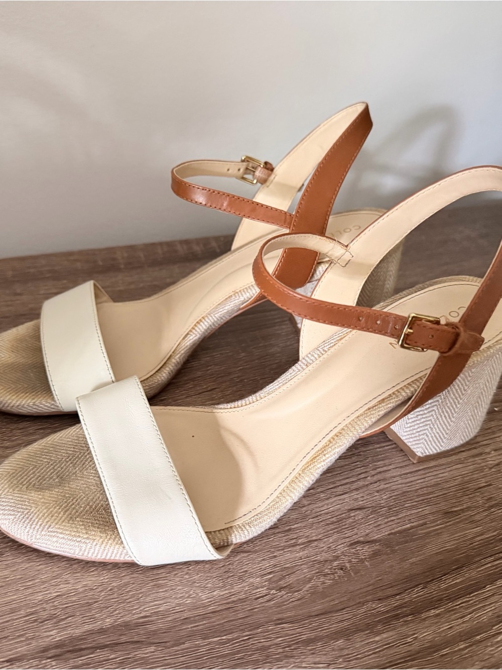 Cole Haan Two-Tone Block Heel Sandals in Cream and Brown